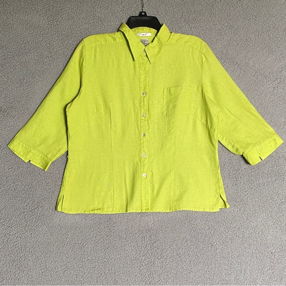 100% Linen Blouse Womens Size XL Flouresent Green Button Up - Picture 6 of 13